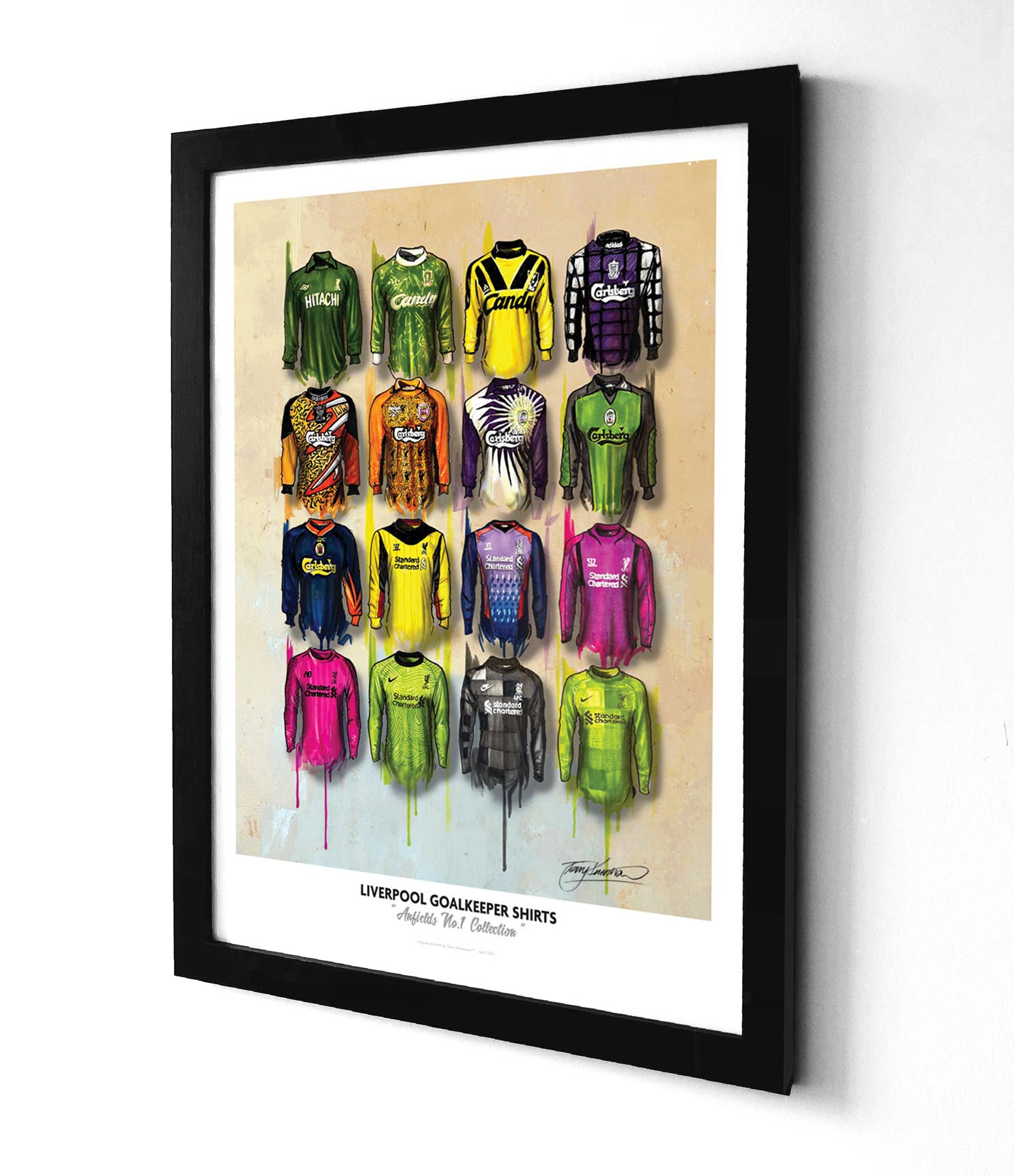 limited edition A2 prints by Terry Kneeshaw showcase his artwork featuring 16 different Liverpool Football Club Goal Keeper jerseys throughout the years