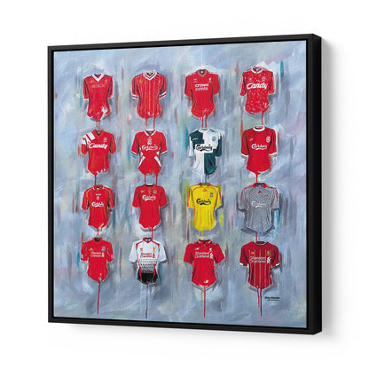These stunning Liverpool You'll Never Walk Alone canvases by Terry Kneeshaw are available in various sizes (20x20, 30x30, or 40x40) and framed or unframed in a black floating frame. The artwork features a beautiful image of the iconic Liverpool anthem, perfect for any fan or collector. Add a touch of Anfield to your home or office decor with these high-quality canvases.