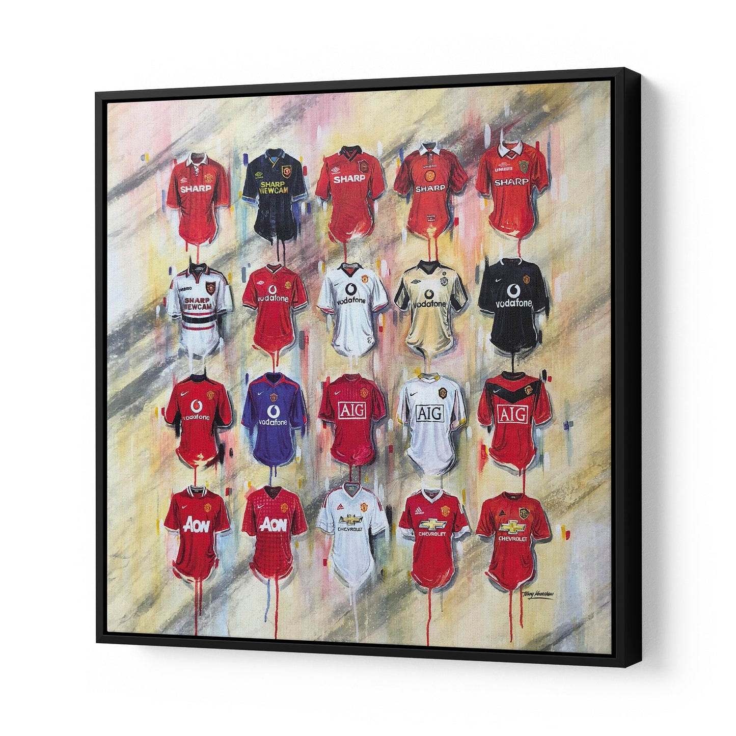 These Red Devils canvases from Terry Kneeshaw feature stunning images of Manchester United and its players, and are available in various sizes (20x20, 30x30 or 40x40) and framed or unframed in a black floating frame. Perfect for any fan or collector, these high-quality canvases add a touch of the Red Devils to your home or office decor.