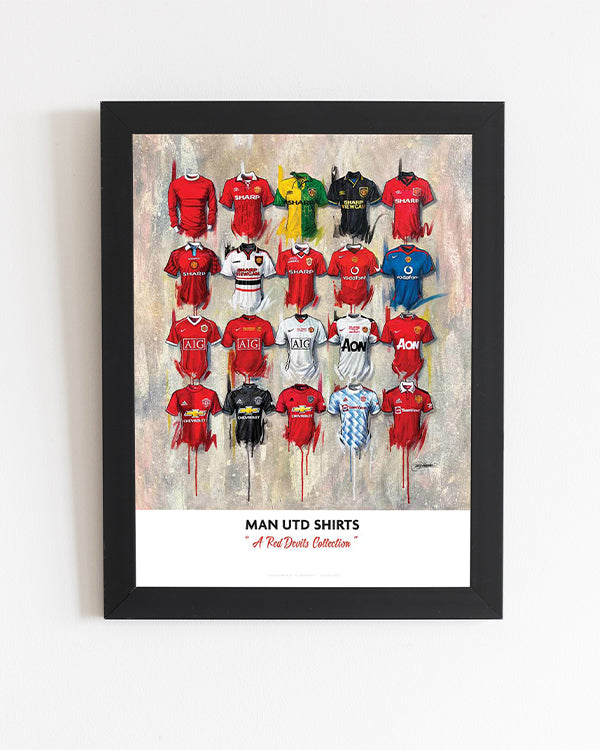 The Man United 2022 Personalised A2 Limited Edition Print Artwork by Terry Kneeshaw features 20 iconic jerseys in a unique and stylish design. This artwork showcases the team's rich history with jerseys from the past and present, including the iconic red and white striped shirt and the 2022 kit. The perfect addition to any Man United fan's collection, this artwork captures the essence of the club's history and tradition while celebrating the team's present and future.