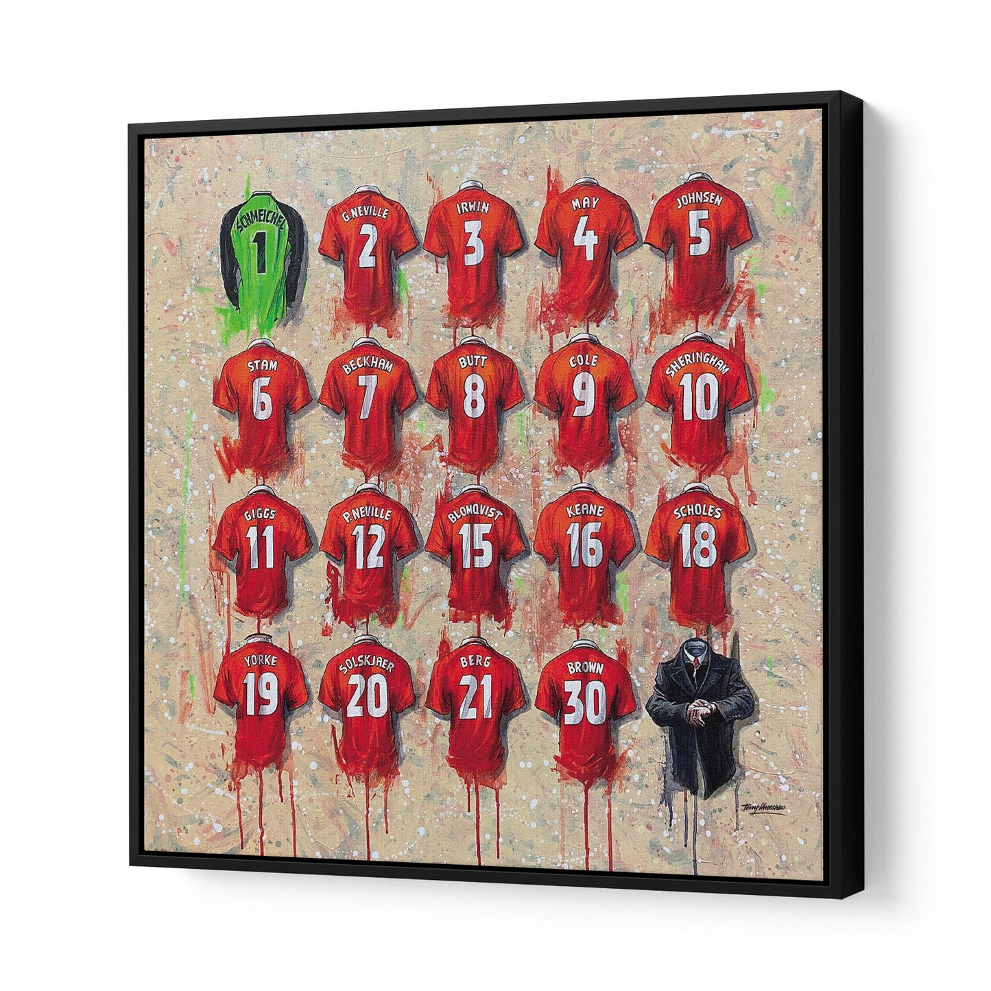 These Man United Treble Winners canvases from Terry Kneeshaw are perfect for fans of the historic 1999 team. The canvases are available in various sizes (20x20, 30x30 or 40x40) and framed or unframed in a black floating frame. The artwork features stunning images of the team and its players, commemorating the historic achievement of winning the Premier League, FA Cup, and UEFA Champions League in the same season. Display your love for the Red Devils with these high-quality canvases.