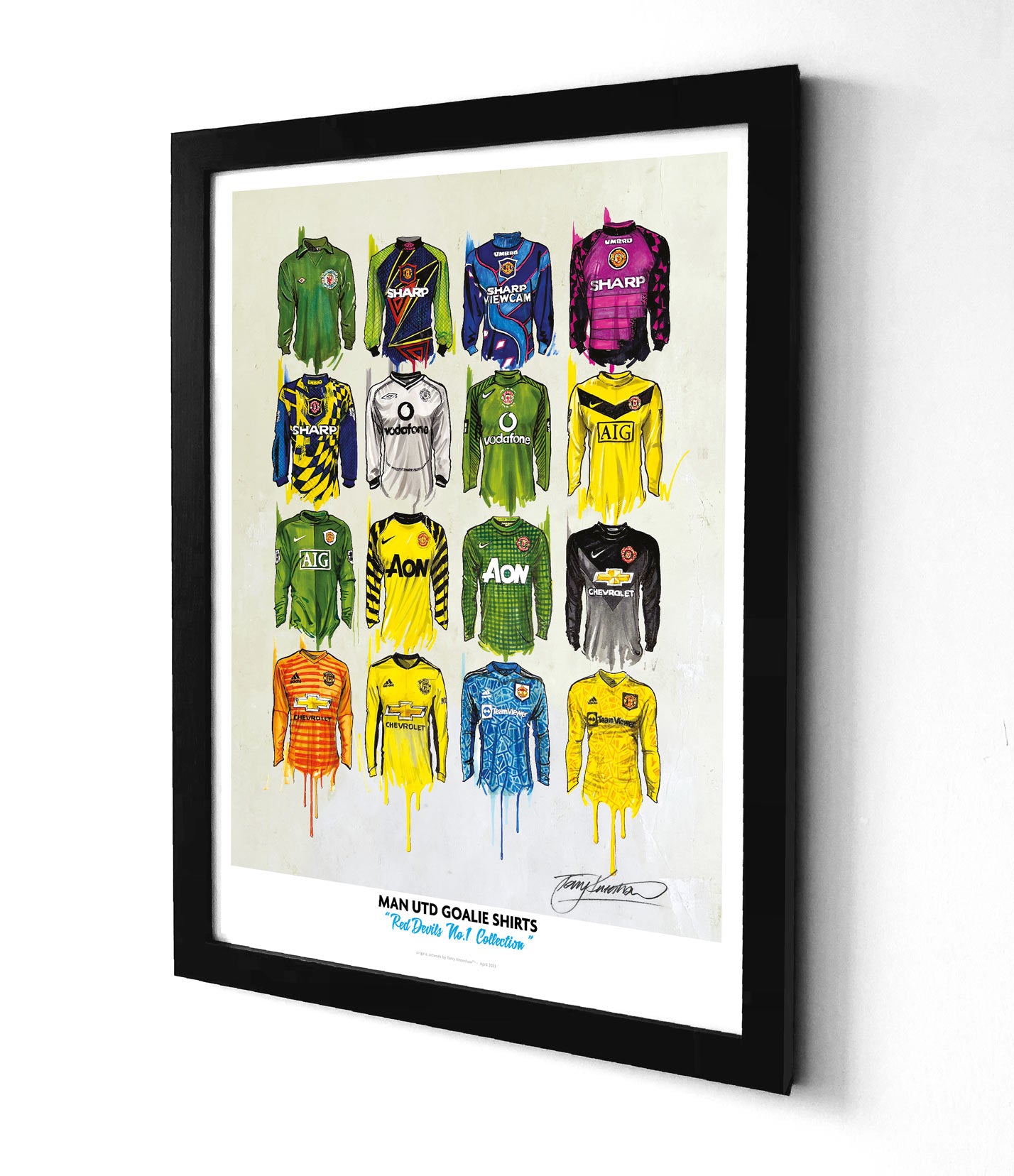 Terry Kneeshaw's limited edition A2 print showcases his artwork featuring 16 different Manchester United Football Club Goal Keeper jerseys from various eras.