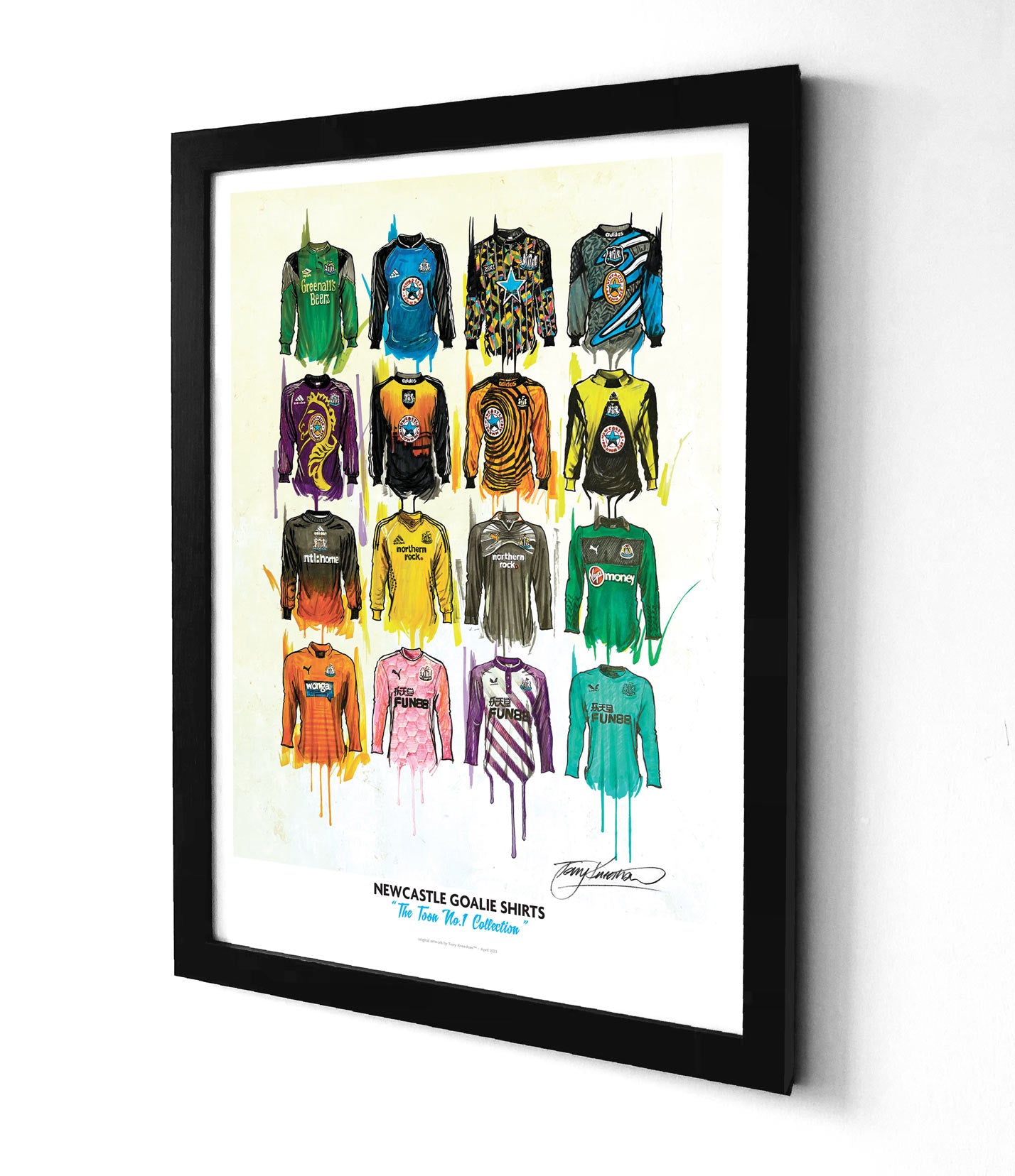 Terry Kneeshaw's limited edition A2 print showcases his artwork featuring 16 different Newcastle United Football Club Goal Keeper jerseys from various eras. 