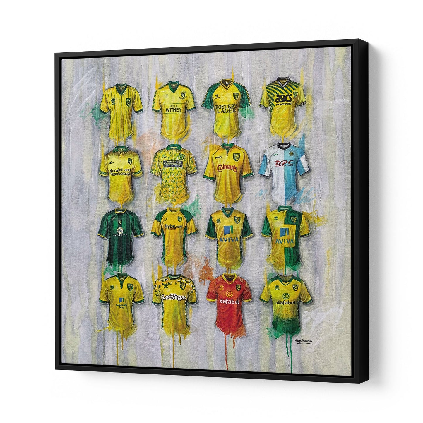 These Norwich canvases from Terry Kneeshaw are available in various sizes (20x20, 30x30, or 40x40) and framed or unframed in a black floating frame. The artwork showcases the team and its players in action, perfect for any fan or collector. Bring a piece of Carrow Road to your home or office decor with these high-quality canvases. The vibrant colors and attention to detail make these pieces a standout addition to any space.