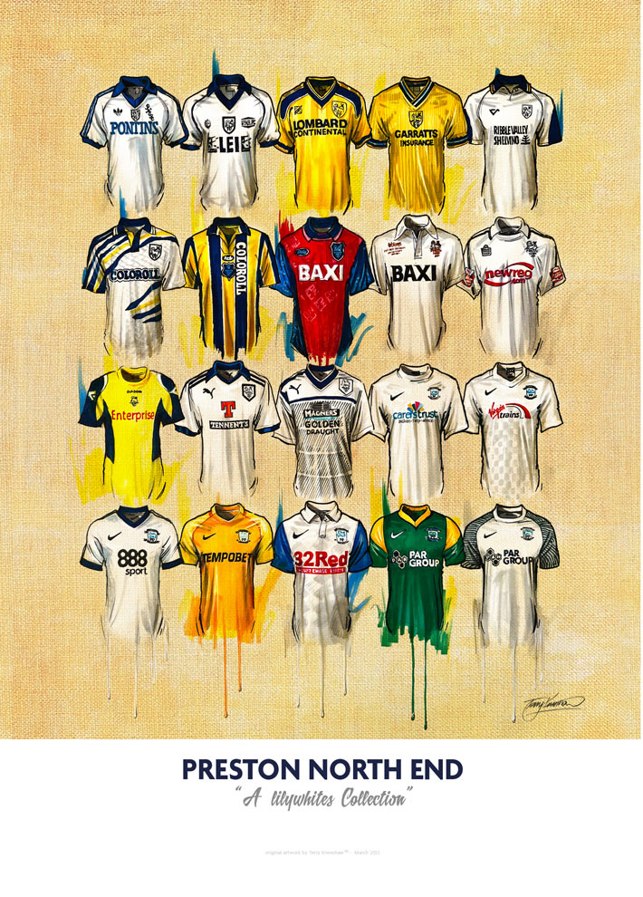 The jerseys are arranged in a symmetrical grid pattern and are labelled with the corresponding year and design. The artwork has a vintage feel, with muted colours and a slightly distressed texture. The jerseys feature a mix of blue and white stripes, white with blue and yellow accents, and yellow with blue and white accents, showcasing the team's design evolution over time. This print would be a great addition to any Preston North End fan's collection.