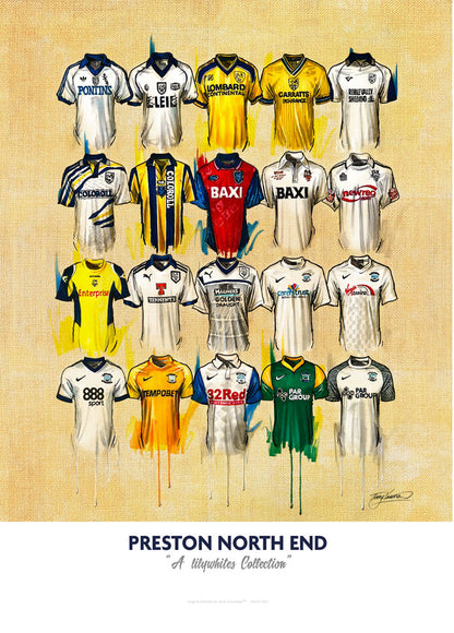 The personalised A2 limited edition print artwork by Terry Kneeshaw features 20 iconic Preston North End team shirts. The print is perfect for avid football fans, as it showcases the club's heritage with its historic jerseys. Each jersey has been carefully selected to represent a pivotal moment in the club's history. The print offers a glimpse into the past, highlighting the evolution of the team's kits over the years. The perfect gift for any Preston North End supporter.