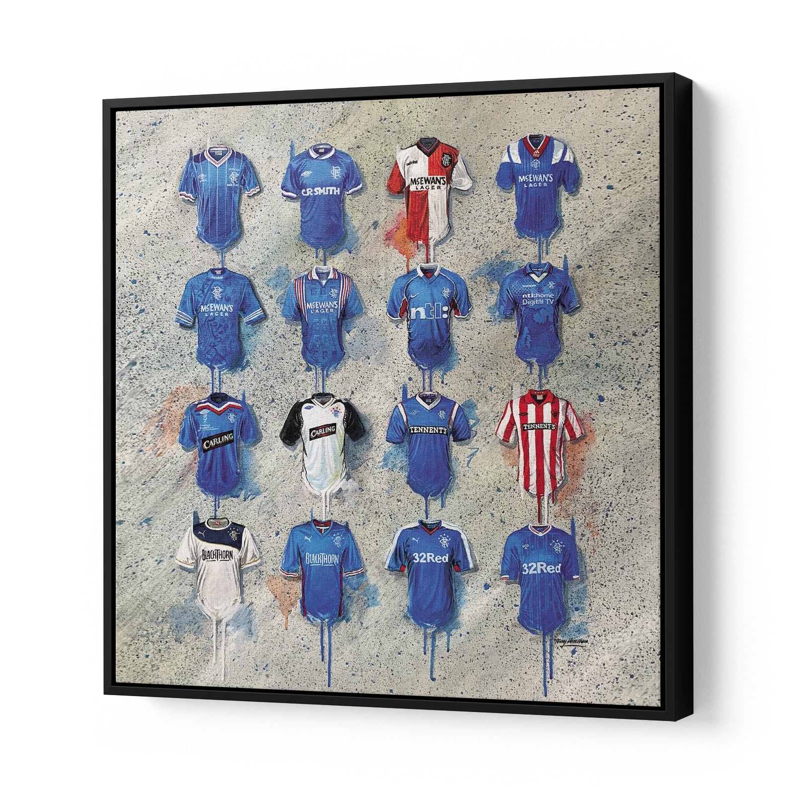 These Rangers canvases from Terry Kneeshaw are perfect for any Rangers fan. The collection features various sizes of artwork, including 20x20, 30x30, and 40x40 canvases, which can be framed or unframed with black floating frames. The artwork includes stunning images of the Rangers team, crest, and symbols. These canvases are sure to make a great addition to any Rangers fan's collection or as a gift for a friend or loved one who supports the team.