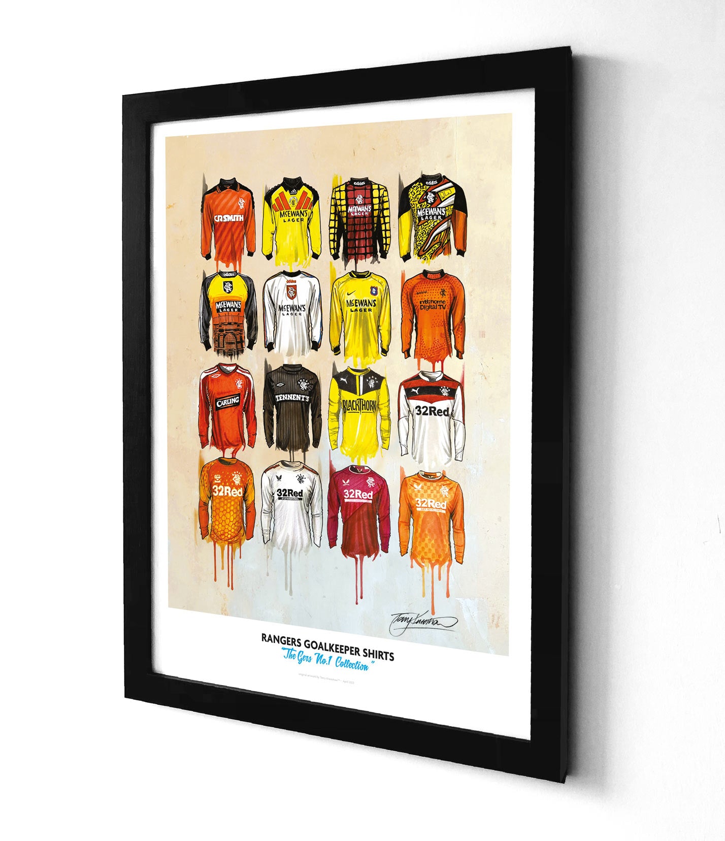 Terry Kneeshaw's limited edition A2 print showcases his artwork featuring 16 different Rangers Football Club Goal Keeper jerseys from various eras. With only 25 prints available,.