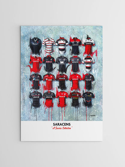 This limited edition print artwork by Terry Kneeshaw showcases 20 iconic Saracens Rugby team shirts, personalized to make a perfect addition to any rugby fan's collection. The A2 print features the club's classic shirts and their recent championship-winning designs, including the eye-catching blue and red stripes of the 2018-2019 European Rugby Champions Cup shirt. The detailed artwork captures the essence of the club's rich history and its modern success, making it an ideal gift for any Saracens fan.