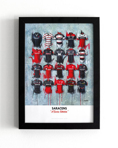 A limited edition A2 print by artist Terry Kneeshaw, featuring 20 iconic jerseys from the Saracens Rugby team's history. The jerseys are arranged in a symmetrical grid pattern and are labelled with the corresponding year and design. The artwork has a vintage feel, with muted colours and a slightly distressed texture. Perfect for any Saracens fan.