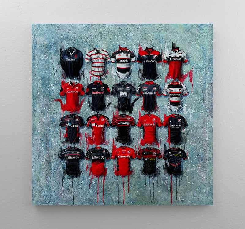 These Saracens Rugby canvases by Terry Kneeshaw showcase the beloved team's colors and crest. Available in various sizes, these canvases can be purchased framed or unframed with a black floating frame option. Perfect for any rugby fan or Saracens supporter, these canvases make great decorative pieces for a home, office, or even a sports bar. Celebrate your love for the Saracens with these high-quality and visually striking canvases.