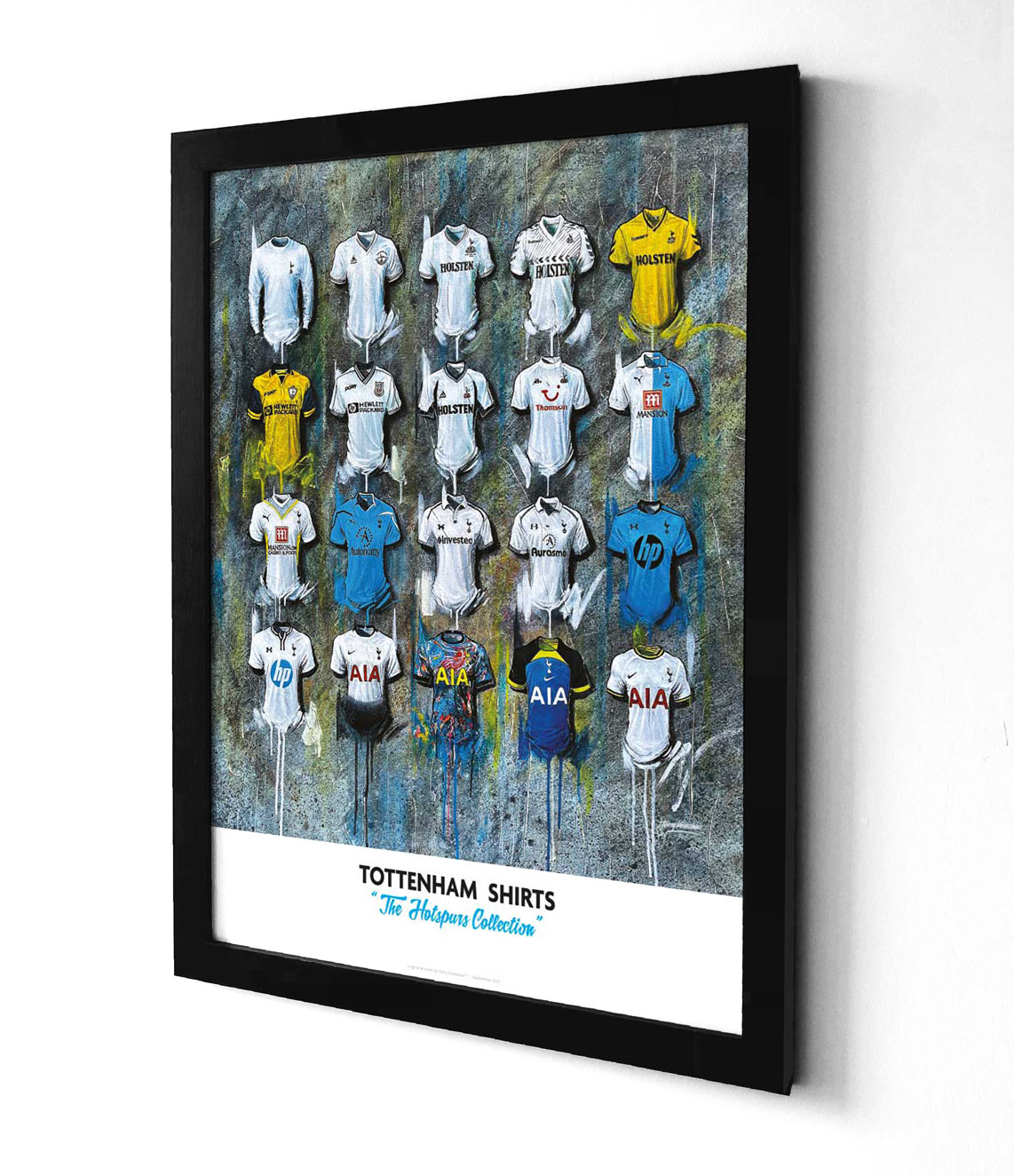 This is a personalised A2 limited edition print artwork by Terry Kneeshaw featuring 20 iconic Tottenham Hotspur team shirts. The artwork showcases the club's kits from past seasons and includes designs from the current 2022 season. Each shirt is unique and recognisable, featuring the famous Tottenham Hotspur crest and colours. The print is a must-have for any Spurs fan or football enthusiast and is a stunning tribute to the club's rich history and legacy.