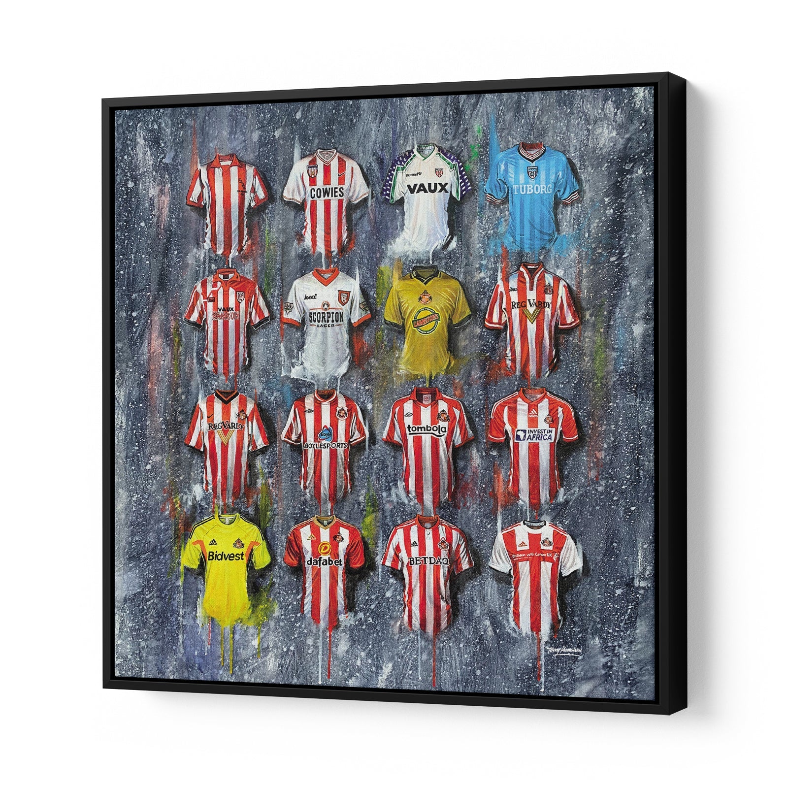 Transform any wall into a Sunderland fan zone with these stunning canvases from Terry Kneeshaw. These canvases feature various artwork of the Sunderland team, and come in various sizes: 20x20, 30x30, or 40x40, and in either a framed or unframed black floating frame. Whether you are looking to decorate your home, office, or man cave, these canvases are perfect for any Sunderland fan looking to show their support for the team.