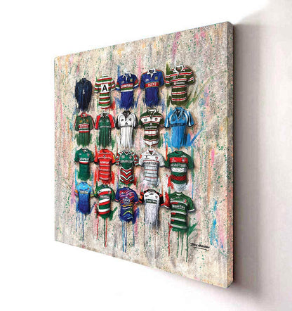 These Leicester Tigers Rugby canvases by Terry Kneeshaw come in various sizes (20x20, 30x30, or 40x40) and can be framed or unframed in a black floating frame. These high-quality artworks feature striking images of the team and its players, perfect for any rugby fan or collector. Add a touch of the Tigers to your home or office decor with these beautifully crafted canvases.
