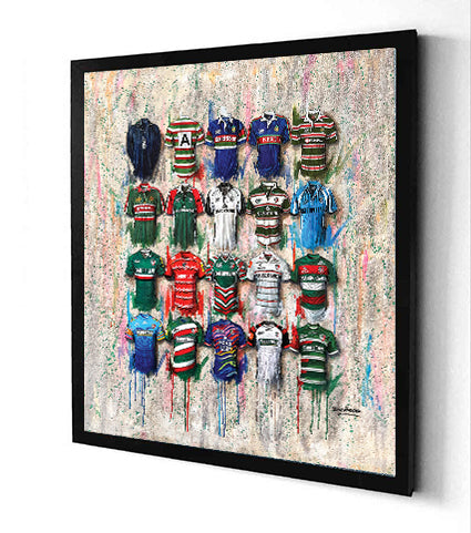 These Leicester Tigers Rugby canvases by Terry Kneeshaw come in various sizes (20x20, 30x30, or 40x40) and can be framed or unframed in a black floating frame. These high-quality artworks feature striking images of the team and its players, perfect for any rugby fan or collector. Add a touch of the Tigers to your home or office decor with these beautifully crafted canvases.
