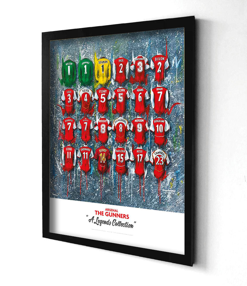 A limited edition A2 print by Terry Kneeshaw featuring 24 iconic jerseys from Arsenal's legendary players throughout history. The jerseys are arranged in a 4x6 grid and include iconic numbers such as Thierry Henry's #14 and Dennis Bergkamp's #10. This personalized artwork can also include the recipient's name on one of the jerseys, making it a perfect gift for any Arsenal fan.