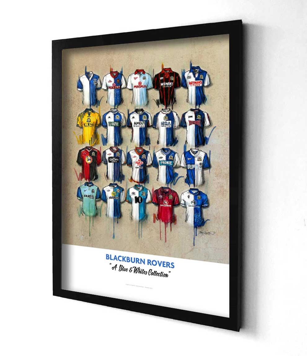 The Blackburn Personalised A2 limited edition print by Terry Kneeshaw features 20 iconic jerseys customized with your own name or favorite player's name. The print includes classic kits from the club's rich history, such as the 1994/95 Premier League-winning shirt and the 2002 League Cup-winning jersey. The artwork is a must-have for Blackburn fans, showcasing their love and support for the Rovers with a personalized touch.