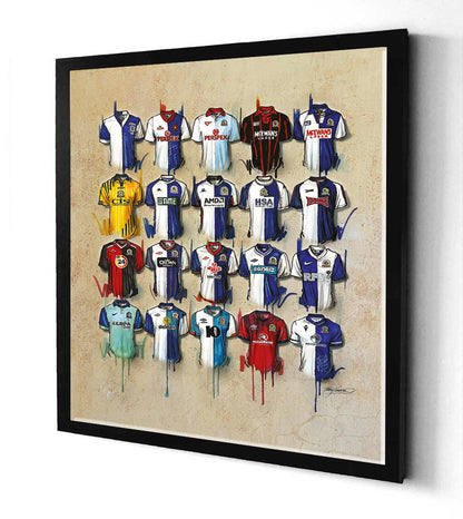 Blackburn Rovers Canvases by Terry Kneeshaw come in various sizes, including 20x20, 30x30, and 40x40. Each canvas is available in either a framed or unframed black floating frame. The artwork features a captivating abstract composition with bold colors and textures that pay tribute to the legendary Blackburn Rovers team. Perfect for any Blackburn Rovers fan or football enthusiast, these canvases are a great addition to any room and are sure to inspire admiration and nostalgia.