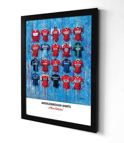 20 iconic jerseys A2 limited edition print could be: A limited edition A2 print featuring 20 iconic jerseys from Middlesbrough Football Club's history. The print showcases the team's evolution over the years, from their early days in the 1900s to their current kit design. The jerseys are arranged in a grid pattern, with each one featuring the club's crest and unique design elements. The print would be a great addition to any Middlesbrough fan's collection