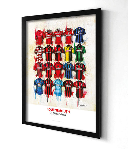 Artwork by Terry Kneeshaw depicting a collection of twenty iconic AFC Bournemouth home and away football jerseys worn by the club's legends throughout their history. The kits feature predominantly red and black stripes, with the club crest, kit manufacturer, and shirt sponsor logos on the front. The artwork is a high-quality A2-sized print of a hand-painted original, which uses textured brushstrokes to create a dynamic effect. This limited edition print is available in both framed and unframed versions.