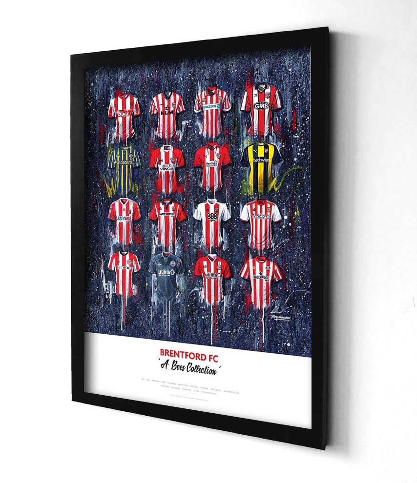 Artwork by Terry Kneeshaw depicting a collection of sixteen iconic Brentford home and away football jerseys worn by the club's legends throughout their history. The kits feature the Brentford FC crest, kit manufacturer, and shirt sponsor logos on the front, and are displayed on a plain white background. The artwork is a high-quality print of a hand-painted original, which uses textured brushstrokes to create a dynamic effect.