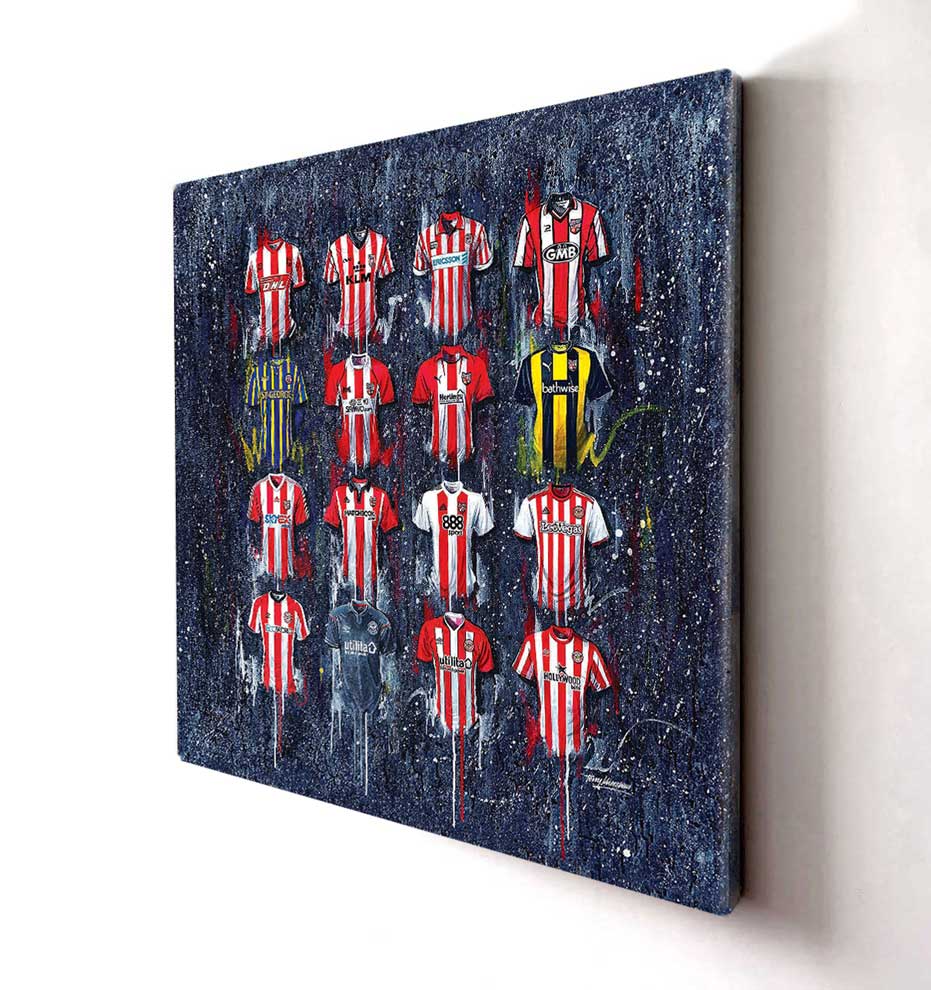 Brentford Canvases by Terry Kneeshaw come in various sizes, including 20x20, 30x30, and 40x40. Each canvas is available in either a framed or unframed black floating frame. The artwork features a captivating abstract composition with bold colors and textures that pay tribute to the dynamic Brentford team. Perfect for any Brentford fan or football enthusiast, these canvases are a great addition to any room and are sure to inspire admiration and appreciation.