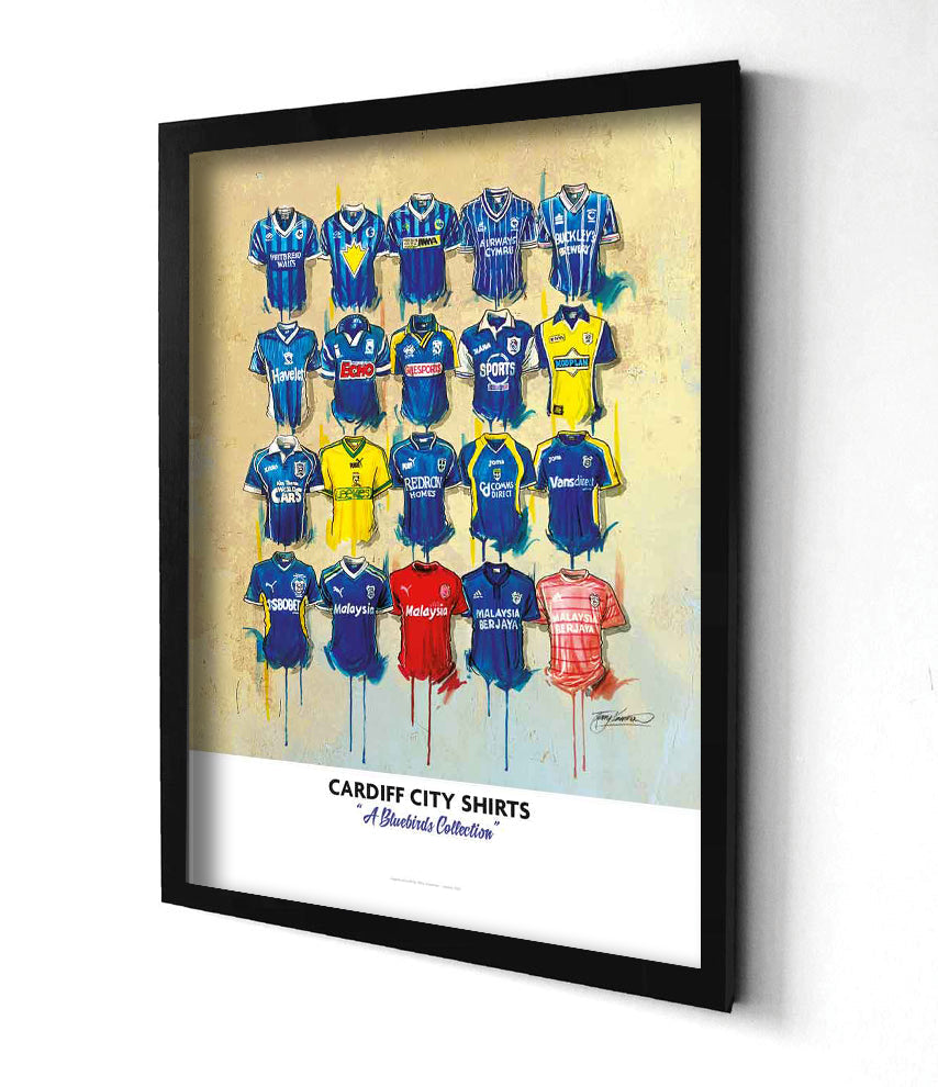 Artwork by Terry Kneeshaw depicting a collection of sixteen iconic Cardiff City football jerseys worn by the club's legends throughout their history. The kits feature the Cardiff City crest and kit manufacturer logos on the front, with a variety of home and away designs in blue and white, as well as alternative colours. The artwork is a high-quality A2 sized limited edition print of a hand-painted original, which uses textured brushstrokes to create a dynamic effect.