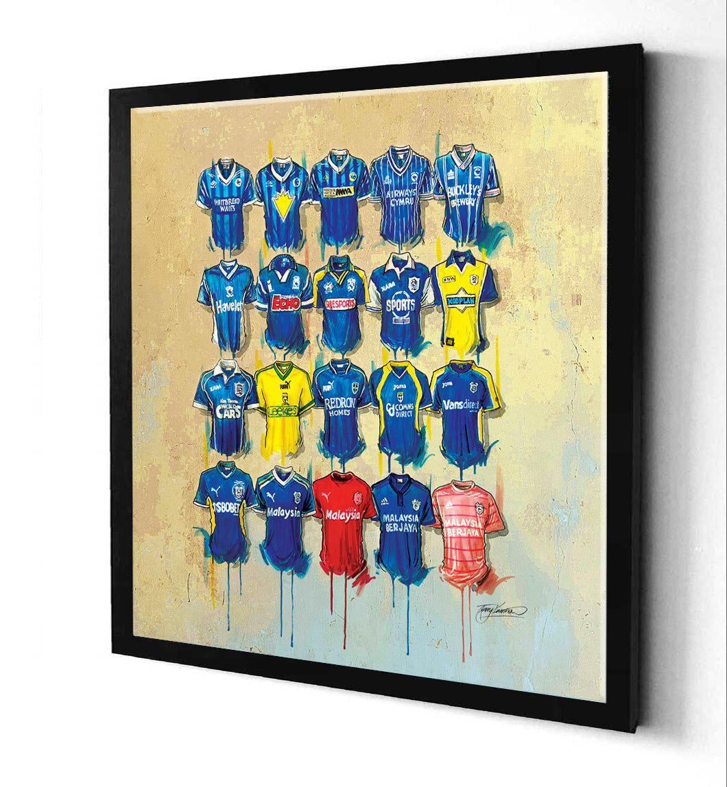 Cardiff Canvases by Terry Kneeshaw come in various sizes, including 20x20, 30x30, and 40x40. Each canvas is available in either a framed or unframed black floating frame. The artwork features a captivating abstract composition with bold colors and textures that pay tribute to the iconic Cardiff team. Perfect for any Cardiff fan or football enthusiast, these canvases are a great addition to any room and are sure to impress with their unique style and energy.