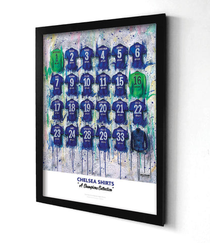 The Chelsea Champions personalised A2 limited edition print by Terry Kneeshaw features 16 iconic jerseys worn by the Blues players throughout their various championship-winning campaigns. This stunning artwork celebrates Chelsea's triumphs and achievements, showcasing the team's success through the years. The print is customisable with the option to include a name or message, making it a unique and special gift for any Chelsea fan or football enthusiast.