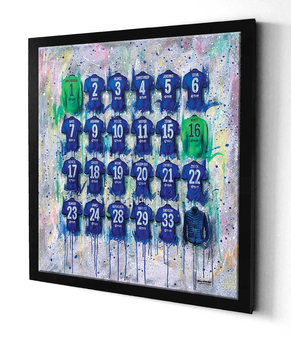 The Chelsea Champions Canvases from Terry Kneeshaw are a magnificent range of football-inspired artwork featuring the Chelsea team's championship glory. Available in various sizes, including 20x20, 30x30, and 40x40, each canvas is framed or unframed with a black floating frame. The artwork showcases an abstract composition with the Chelsea team's championship theme. Perfect for any Chelsea fan or football enthusiast, these canvases are an excellent addition to any space.
