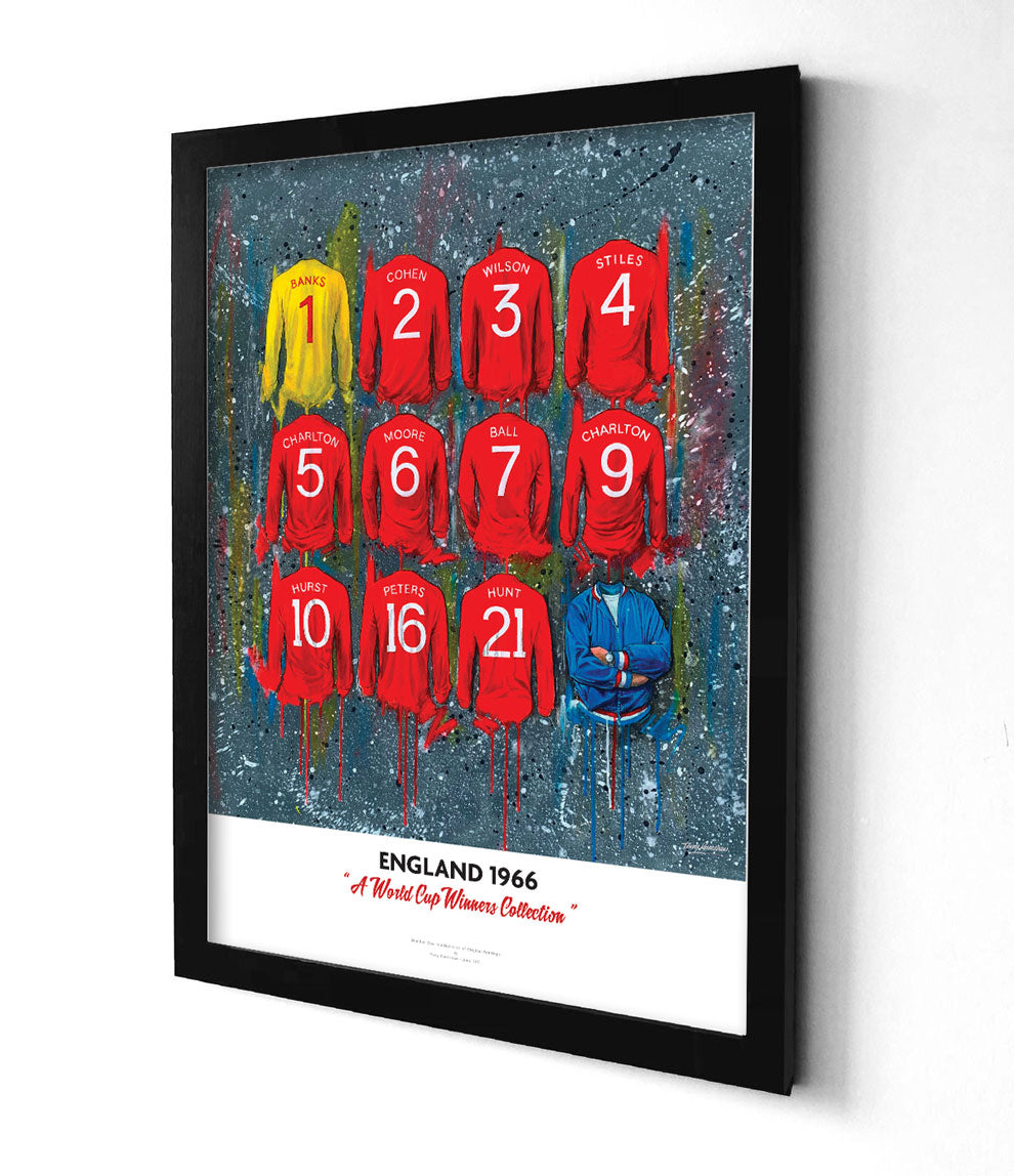 Artwork by Terry Kneeshaw depicting the England 1966 World Cup-winning team's sixteen iconic jerseys. The kits feature a predominantly white color scheme with red and blue accents, featuring the Three Lions crest, kit manufacturer, and shirt sponsor logos on the front. The artwork is a high-quality print of a hand-painted original, which uses textured brushstrokes to create a dynamic effect. 