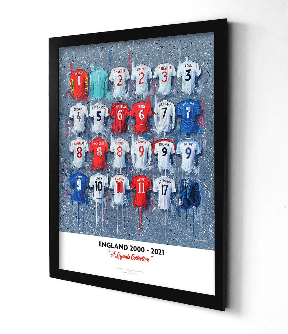 Artwork by Terry Kneeshaw depicting a collection of twenty-four iconic England football team jerseys worn between 2000 and 2021. The kits feature a variety of colors and designs, predominantly white, red, and blue with the England crest, kit manufacturer, and shirt sponsor logos on the front. The artwork is a high-quality print of a hand-painted original, which uses textured brushstrokes to create a dynamic effect. 