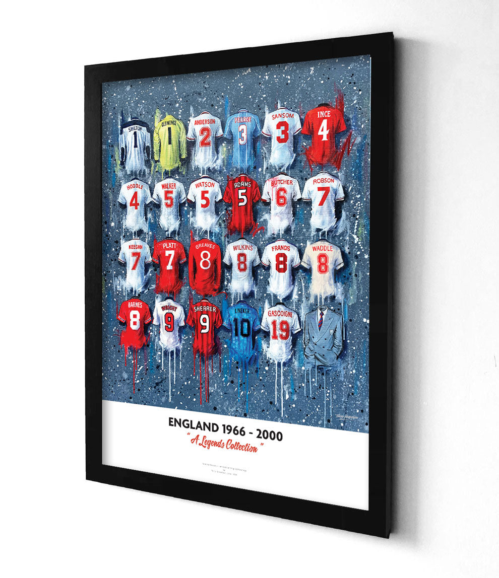 England 1966 - 2000 team shirts artwork by Terry Kneeshaw" could be: "A limited edition print by Terry Kneeshaw depicting 24 iconic football jerseys worn by the England national team between 1966 and 2000. The jerseys are predominantly white with red accents, featuring the Three Lions crest and Umbro or Nike logos on the front. The artwork is a high-quality print of a hand-painted original, which uses textured brushstrokes to create a dynamic effect. 