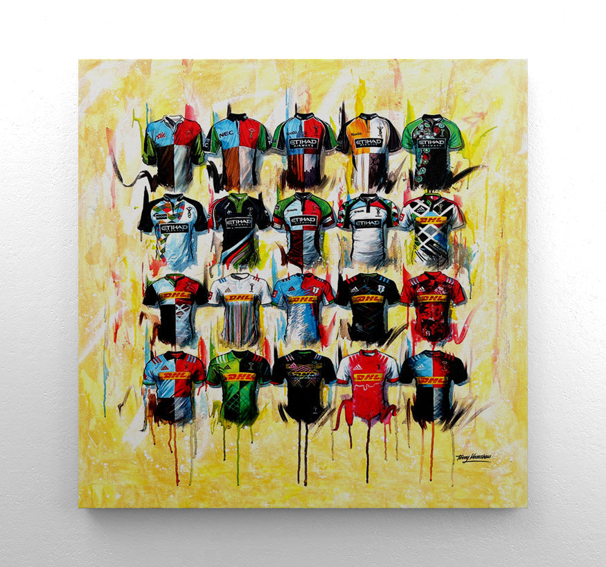 These stunning canvases by Terry Kneeshaw showcase the Harlequins rugby team and come in various sizes - 20x20, 30x30, or 40x40, with the option to have them framed in a black floating frame or unframed. The artwork captures the energy and passion of the team and is a great way to show support for Harlequins. Perfect for any fan or collector, these canvases will add a touch of class to any room.