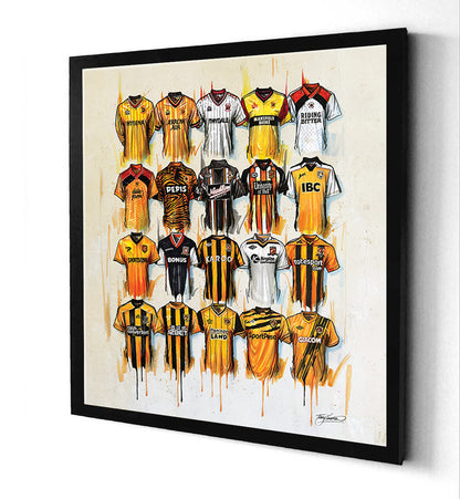 These Hull City Canvases by Terry Kneeshaw are a great addition for any fan of the team. The various size artworks are available in a choice of 20x20, and can be ordered in framed or unframed black floating frames. The canvases feature the team's logo and colours, making them a perfect way to show your support for the Tigers in your home or office.
