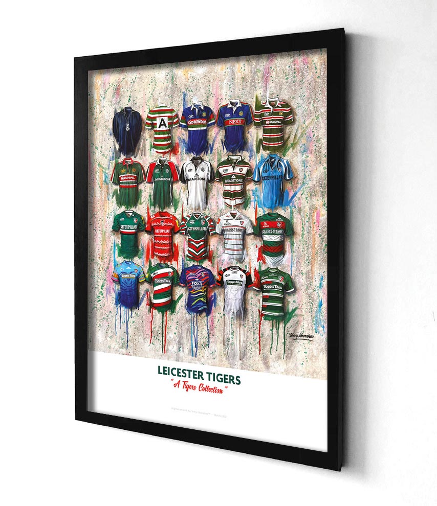 A limited edition print by Terry Kneeshaw depicting 20 iconic Leicester Tigers Rugby jerseys, presented on an A2 size format. The jerseys date back to the 1950s and include home and away jerseys, as well as special editions. The print showcases the rich history of the Leicester Tigers Rugby club through the years, with iconic jerseys worn by legends of the game.