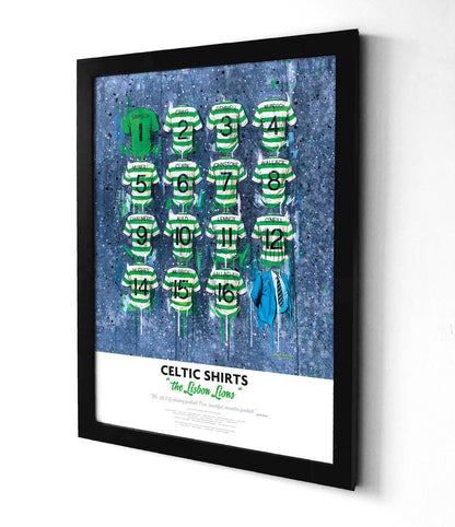 A limited edition A2 print by Terry Kneeshaw featuring 16 iconic Celtic football jerseys worn by the legendary Lisbon Lions team of 1967. The predominantly green and white jerseys feature the Celtic crest and sponsor logos, along with numbers and player names. The artwork is a high-quality print of a hand-painted original, using textured brushstrokes to create a dynamic effect. The jerseys are displayed on a plain white background and are available in framed or unframed versions.