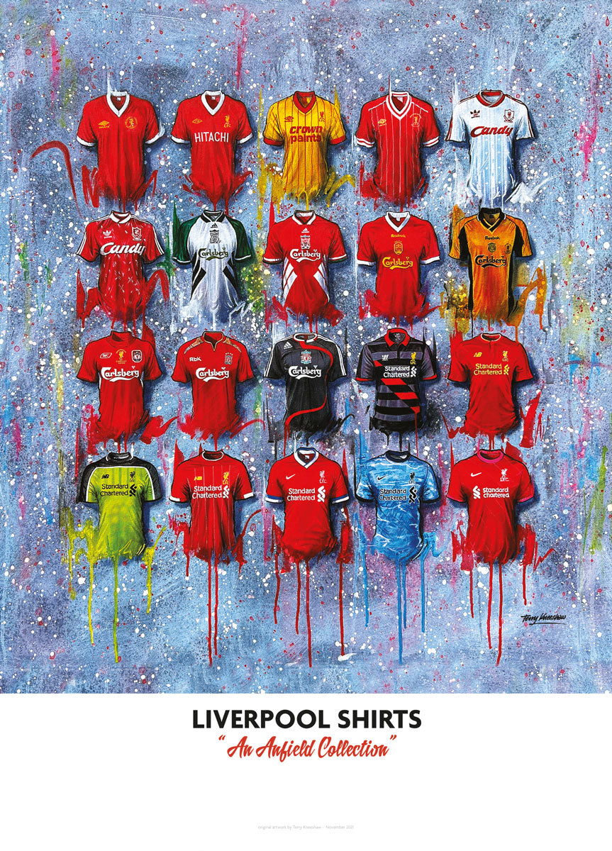 A colorful artwork showing 20 iconic Liverpool jerseys hanging on a wall. The jerseys are arranged in two rows, with 10 jerseys in each row. The top row includes jerseys in shades of blue, green, and yellow, while the bottom row features jerseys in shades of red. Some of the jerseys have the players' names on the back, and all are labeled with the years they were worn.
