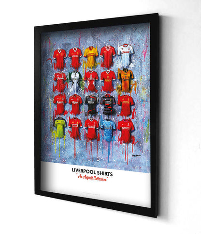 A colorful artwork showing 20 iconic Liverpool jerseys hanging on a wall. The jerseys are arranged in two rows, with 10 jerseys in each row. The top row includes jerseys in shades of blue, green, and yellow, while the bottom row features jerseys in shades of red. Some of the jerseys have the players' names on the back, and all are labeled with the years they were worn.