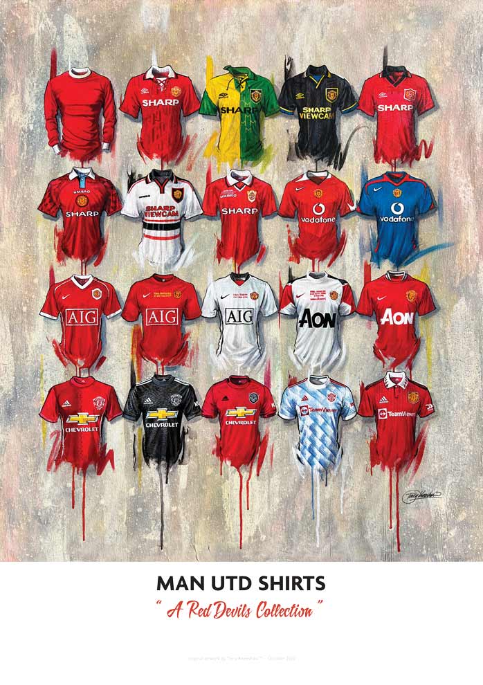  Artwork by Terry Kneeshaw depicting a collection of twenty iconic Manchester United home and away jerseys, selected by the fans. The Kits are predominantly red with black and white accents and feature the Manchester United crest, kit manufacturer and the shirt sponsors logos on the front. The artwork is a high-quality print of a hand-painted original, which uses textured brushstrokes to create a dynamic effect.