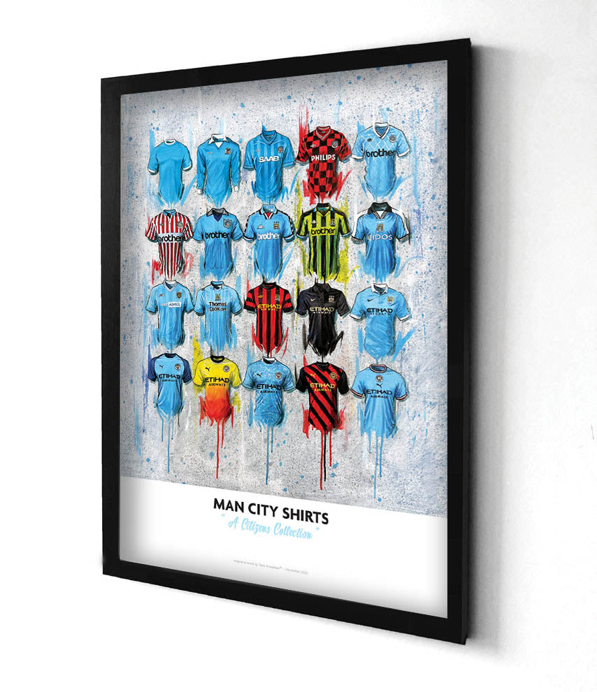 The image is a limited edition print of 20 iconic Manchester City football jerseys, created by artist Terry Kneeshaw. The artwork is titled Man City 2022 and features jerseys from the club's history, including those worn by famous players and from significant matches. The alt text could be: A limited edition print featuring 20 iconic Manchester City football jerseys, including those worn by famous players and from significant matches throughout the club's history, created by artist Terry Kneeshaw.