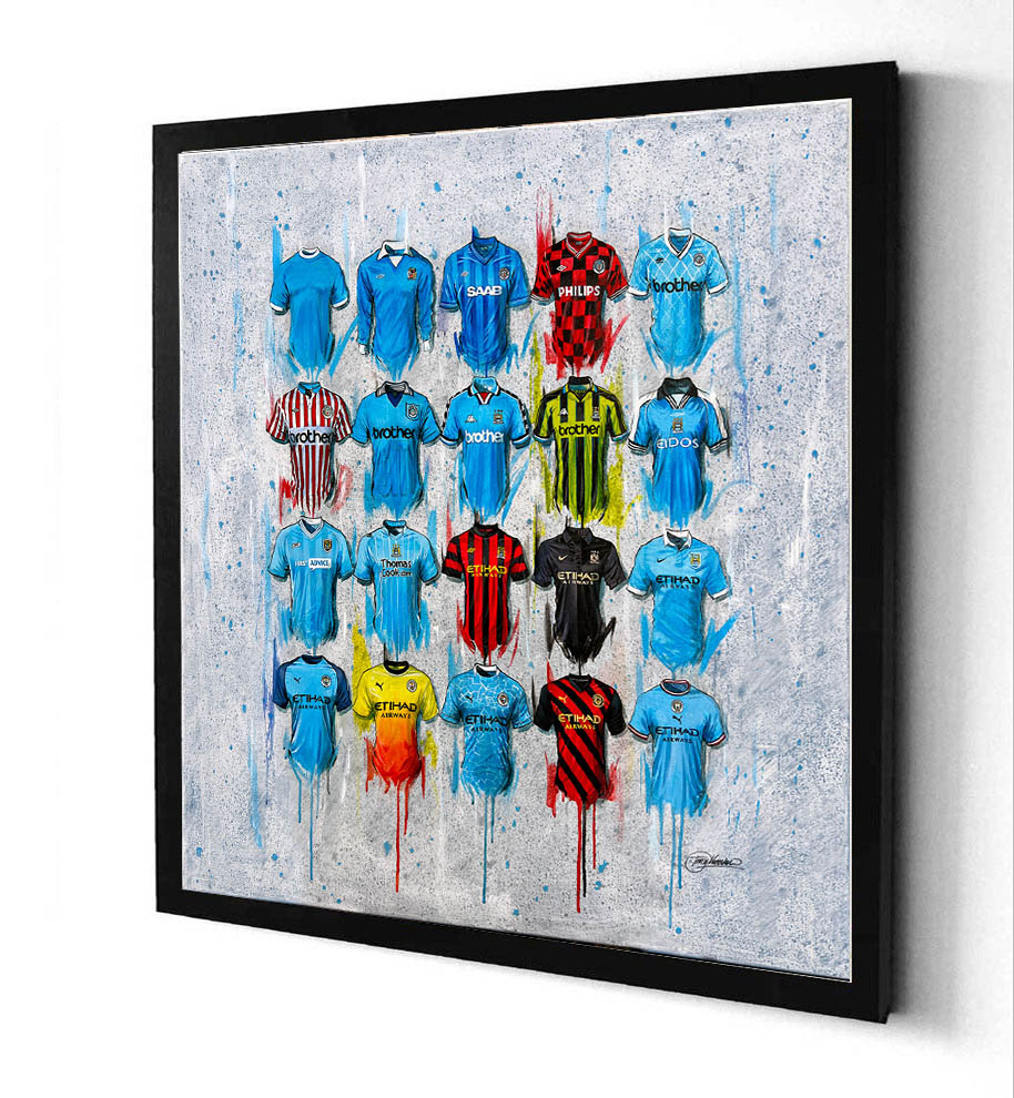 These Man City 2022 canvases from Terry Kneeshaw are available in various sizes (20x20, 30x30, or 40x40) and framed or unframed in a black floating frame. The artwork showcases the team's latest triumphs and achievements in the 2021-2022 season. Add a touch of the Blues to your home or office decor with these high-quality canvases that are perfect for any fan or collector.