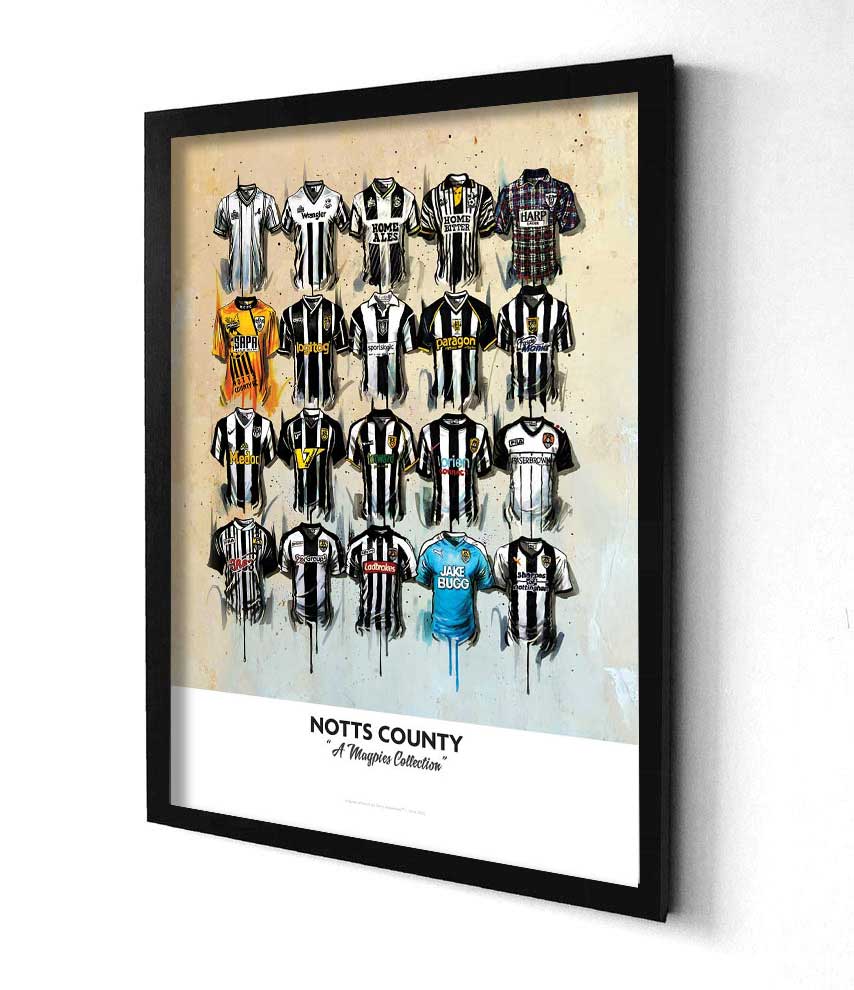 This Personalised A2 limited edition print artwork by Terry Kneeshaw features 20 iconic Notts County team shirts. The artwork includes classic designs from the early 1900s to more modern kits worn by legendary players such as Don Masson, Les Bradd, and Tommy Lawton. This artwork is the perfect gift for any Notts County fan, as it showcases the history and evolution of the club's iconic jerseys over the years.
