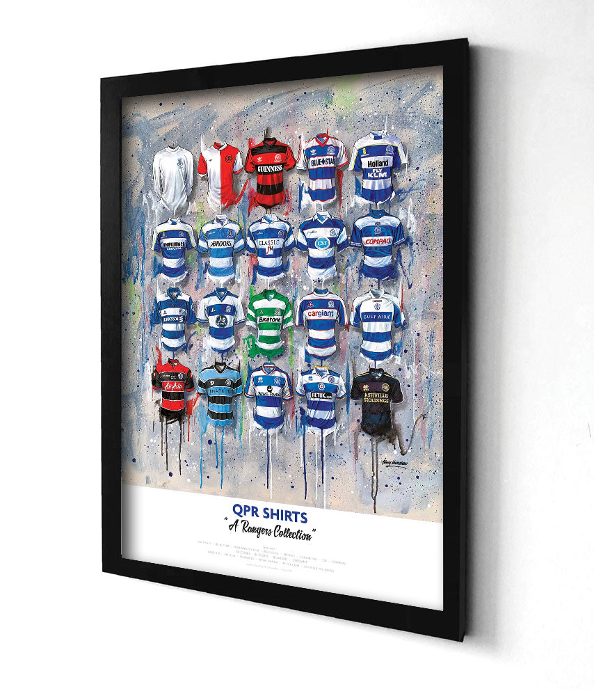 A limited edition A2 print by artist Terry Kneeshaw, featuring 20 iconic jerseys from the QPR football team's history. The jerseys are arranged in a symmetrical grid pattern and are labelled with the corresponding year and design. The artwork has a vintage feel, with muted colours and a slightly distressed texture. Perfect for any QPR fan.