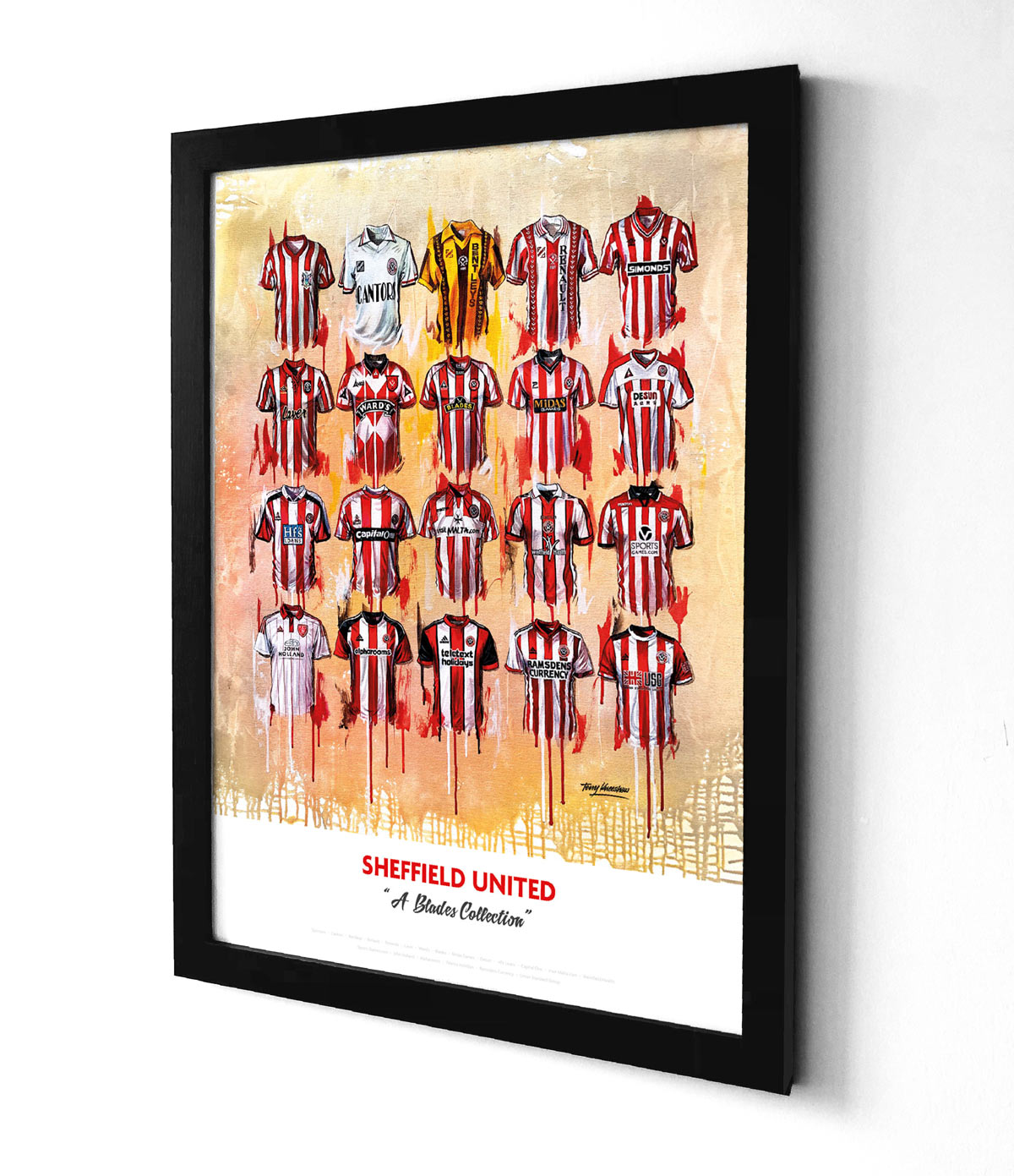 A limited edition A2 print by artist Terry Kneeshaw, featuring 20 iconic jerseys from the Sheffield United football team's history. The jerseys are arranged in a 4x4 grid pattern and are labelled with the corresponding year and design. The artwork has a vintage feel, with muted colours and a slightly distressed texture. The jerseys include a mix of red and white stripes, as well as predominantly red and white designs. Perfect for any Sheffield United fan.