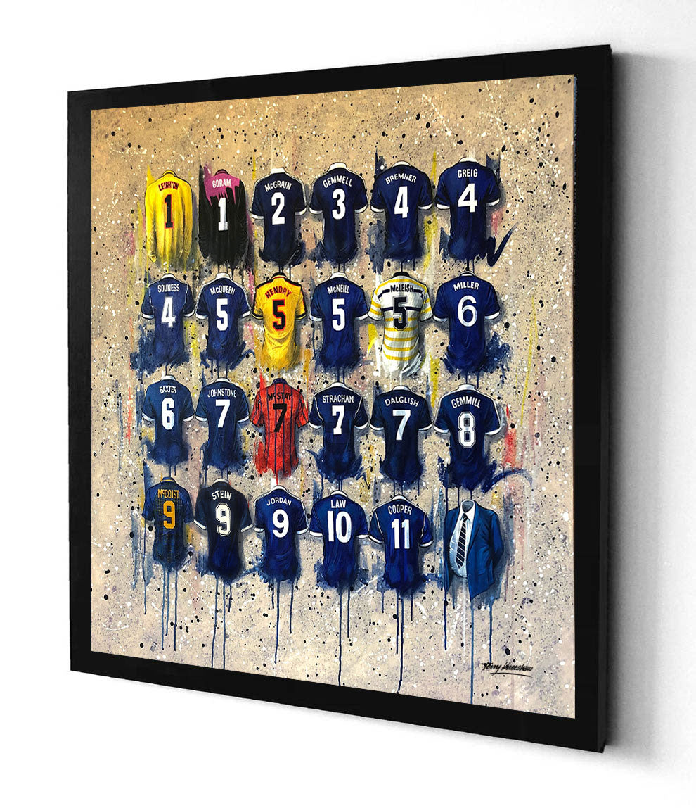 These canvases from Terry Kneeshaw feature Scotland's pre-2000 team in various sizes ranging from 20x20 to 40x40. Customers have the option of choosing framed or unframed black floating frames. The artwork depicts classic moments in Scotland's football history, capturing the essence of the team's glory days. The canvases are a perfect addition to any Scottish football fan's collection, providing a unique and stylish way to show off their passion for the national team.