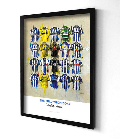 This personalised A2 limited edition print artwork by Terry Kneeshaw features 20 iconic Sheffield Wednesday team shirts. The print showcases the team's historical evolution, displaying a range of classic and modern shirts that reflect the club's journey over time. Each jersey is uniquely personalised with the name and number of a chosen player. The artwork makes for a great addition to any Sheffield Wednesday fan's collection, providing a visual journey through the club's rich history.