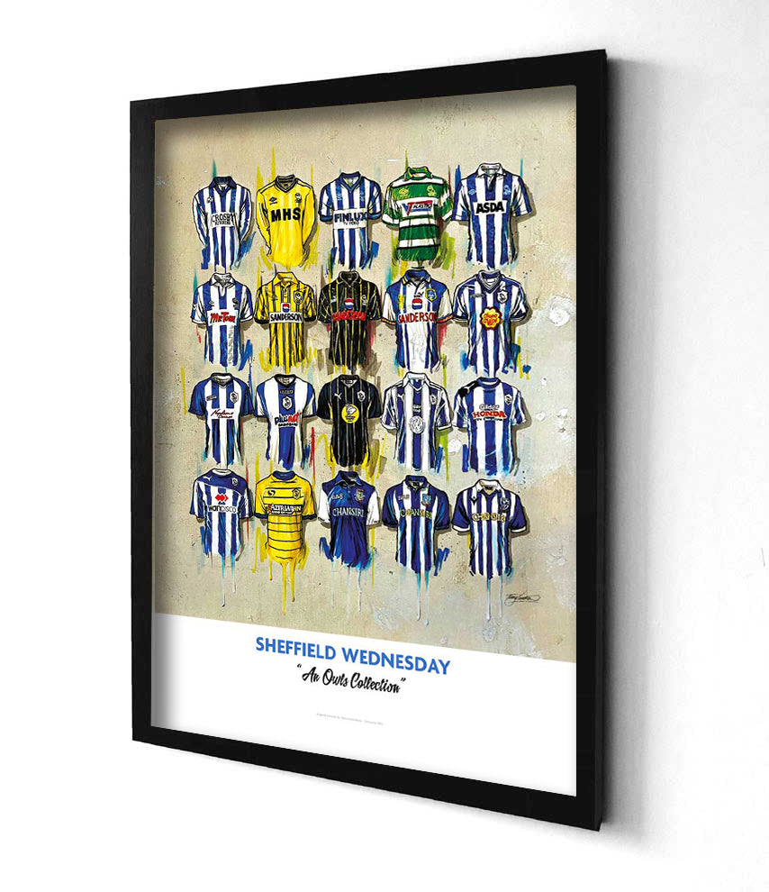 A limited edition A2 print by artist Terry Kneeshaw, featuring 20 iconic jerseys from the history of the Sheffield Wednesday football team. The jerseys are arranged in a symmetrical grid pattern and are labelled with the corresponding year and design. The artwork has a vintage feel, with muted colours and a slightly distressed texture. Perfect for any Sheffield Wednesday fan.