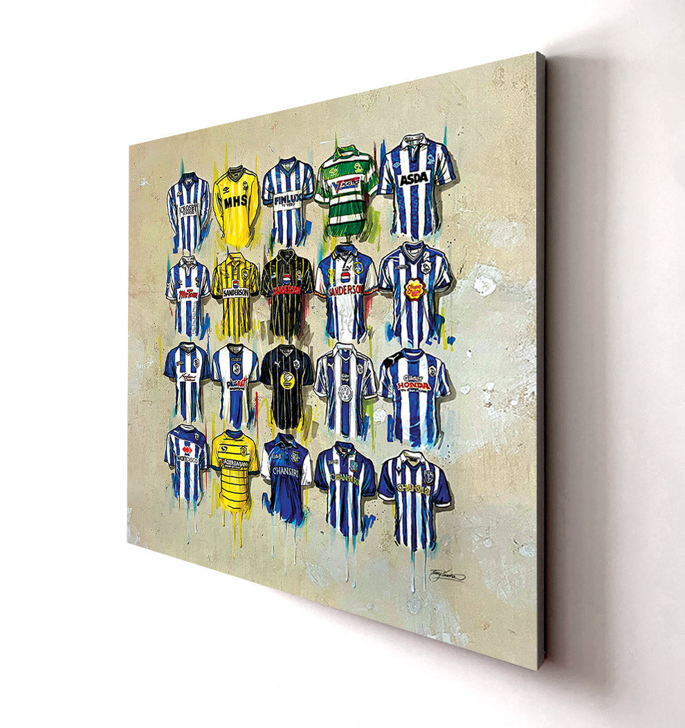 Terry Kneeshaw's Sheffield Wednesday canvases depict artwork for the team, available in 20x20, framed or unframed black floating frames. The artwork captures the essence of the team's history, with stunning colors and intricate details. From classic moments to modern-day heroes, these canvases showcase the passion and spirit of Sheffield Wednesday. The perfect addition to any fan's collection, these canvases are a must-have for anyone who loves the team.