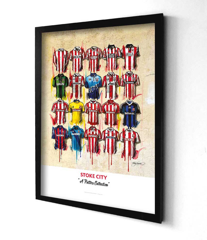 A limited edition A2 print by artist Terry Kneeshaw, featuring 20 iconic jerseys from the history of Stoke City football team. The artwork has a vintage feel, with muted colors and a slightly distressed texture. The jerseys include classic designs such as the red and white striped shirt and the predominantly red shirt with a white hoop, as well as recent designs. Perfect for any Stoke City fan.